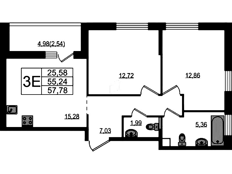 2-комнатная квартира 57.78 м², 2/15 эт., ЖК «Южная Нева»